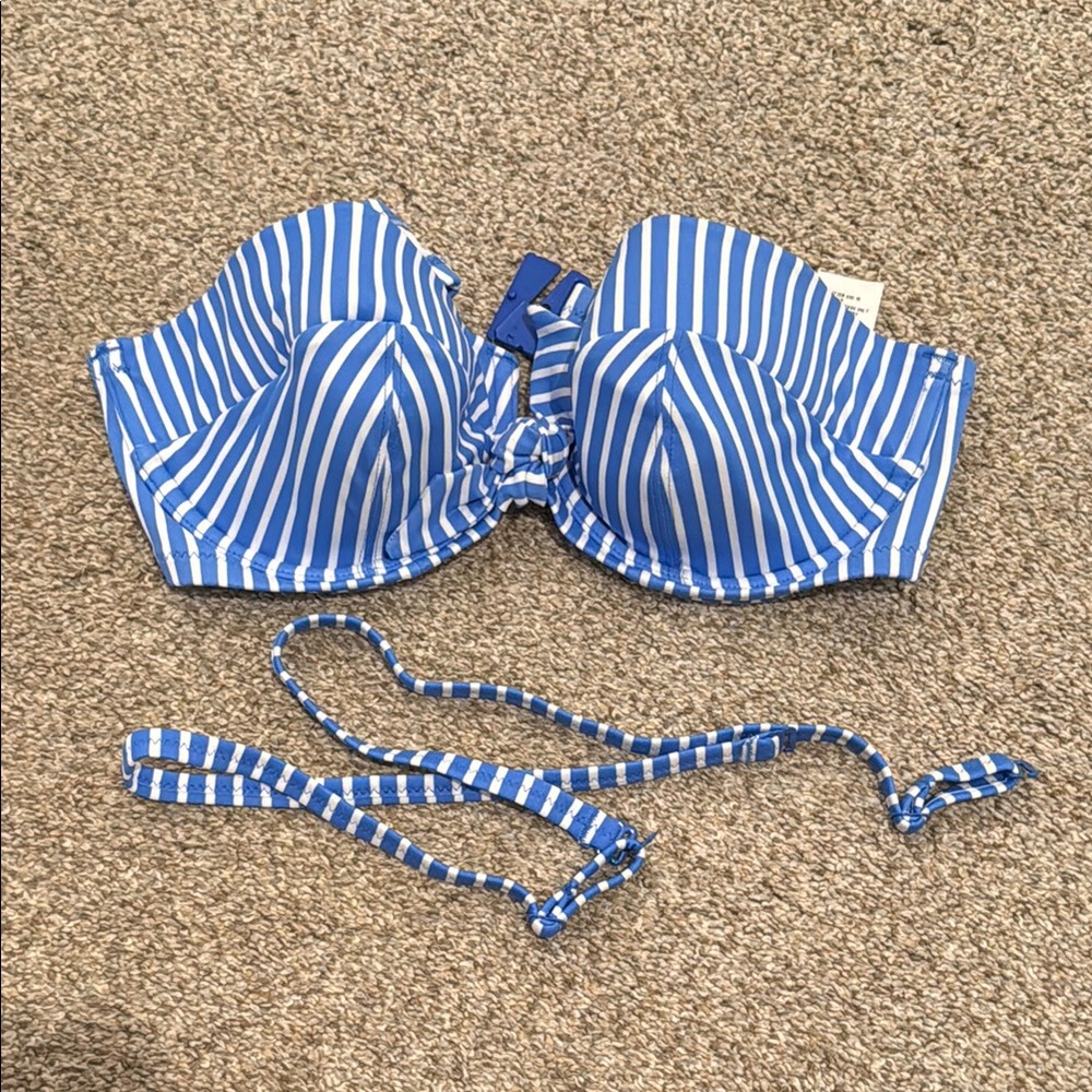 Blue and White Striped Strapless Bikini Top